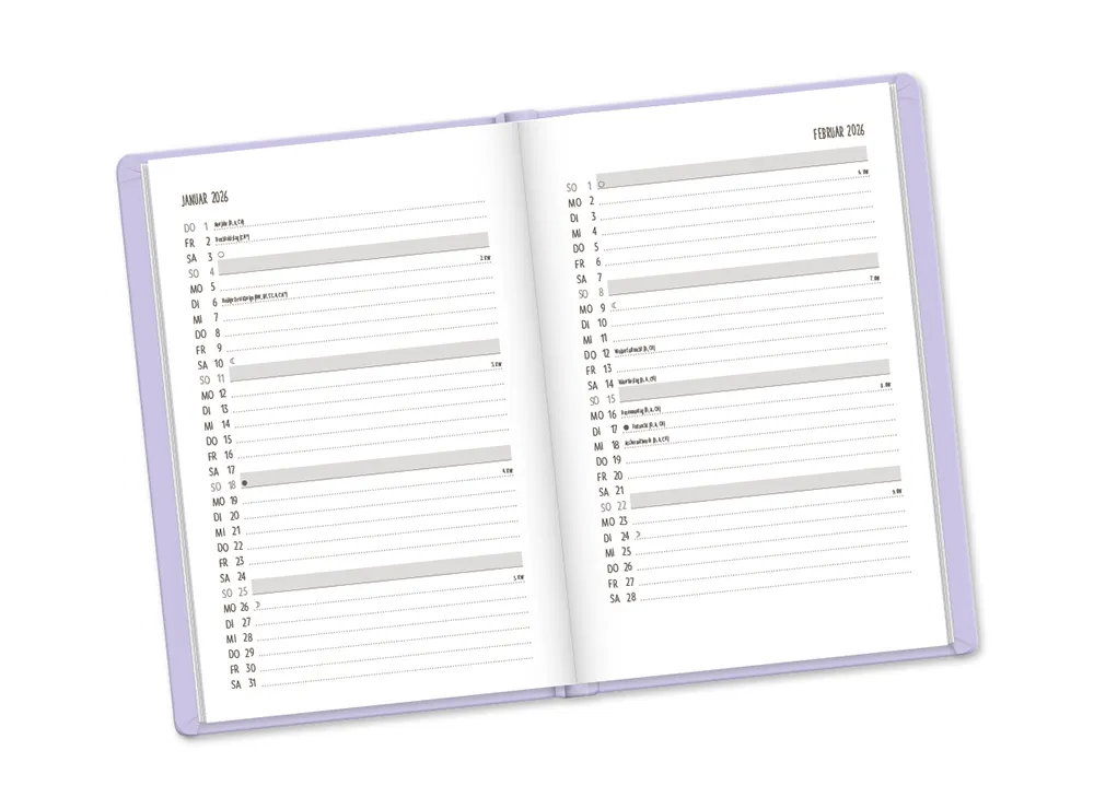 Terminplaner 2026 Lavender im Lederlook - Grafik Werkstatt, Montasübersicht