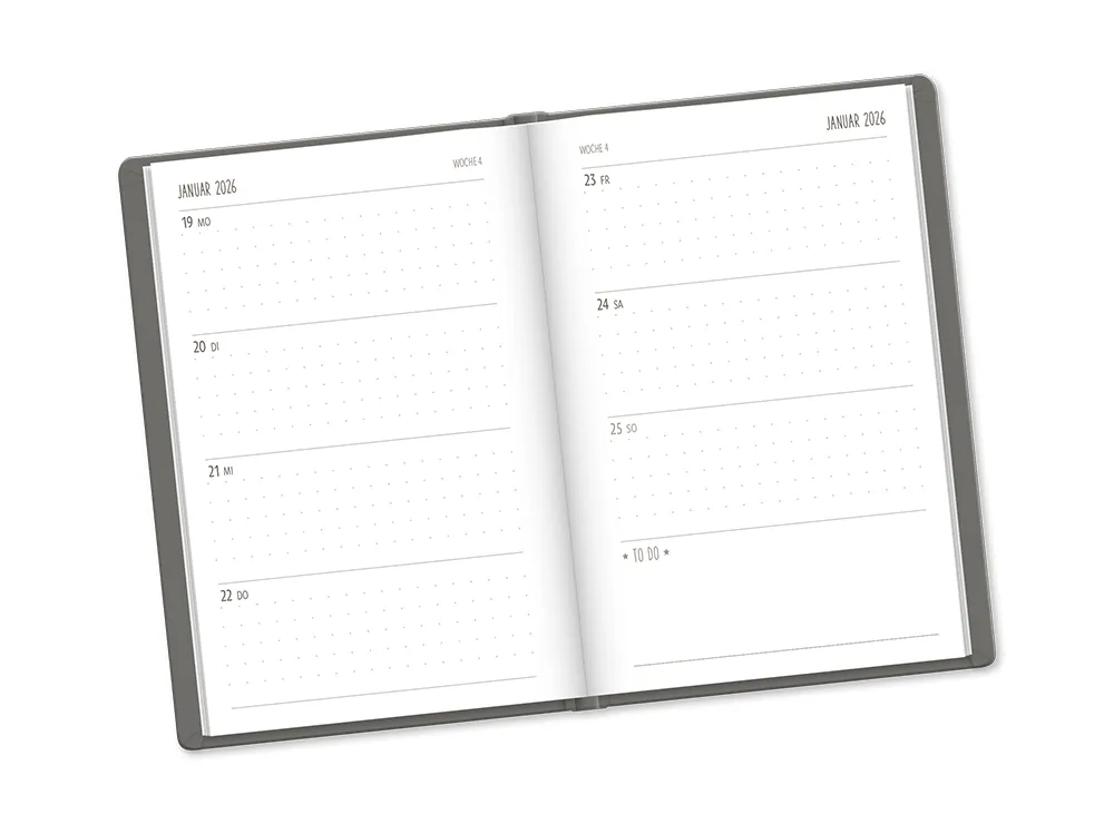 Terminplaner "New Day" 2026 im Leinenlook - Grafik Werkstatt, Wochenübersicht