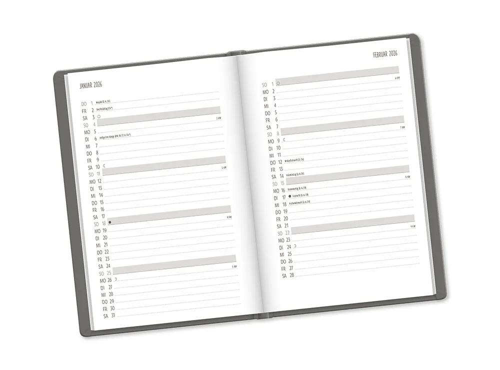 Terminplaner "New Day" 2026 im Leinenlook - Grafik Werkstatt, Monatsübersicht