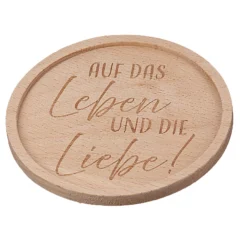 Runder Untersetzer aus Holz mit Spruch