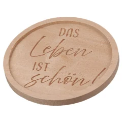 Runder Untersetzer aus Holz mit Spruch