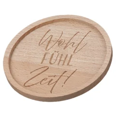 Runder Untersetzer aus Holz mit Spruch