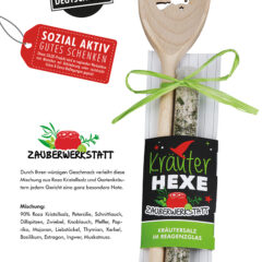 Kochlöffel „Hexenküche“ mit Kräutersalz im Reagenzglas
