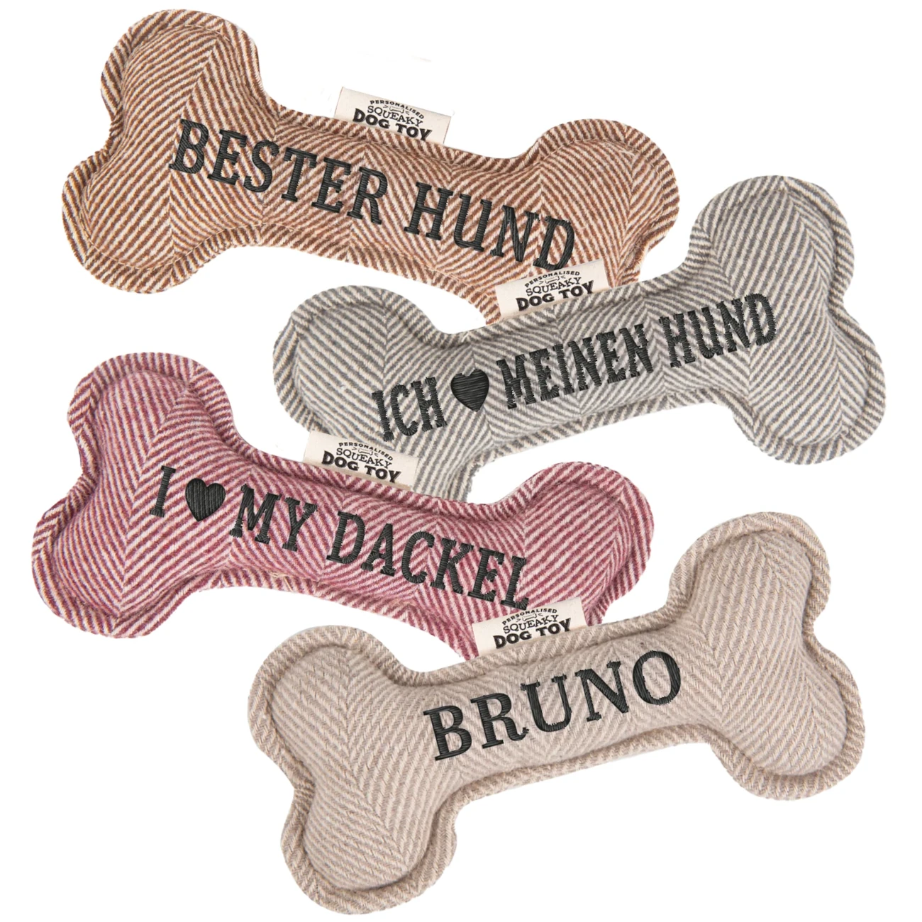 Personalisiertes Hundespielzeug mit Name, Hunderasse oder Spruch – mit Quietschfunktion
